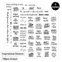 Close-up of 105 unique inspirational English stickers in four styles for DIY crafting