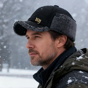 Winter wool baseball cap with ear flaps and warm lining in snowy outdoor scene