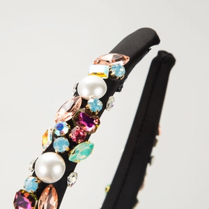 Baroque style wide satin headband with colorful rhinestones and white pearls