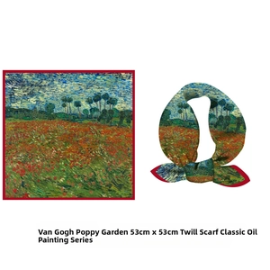 Détail du foulard 53cm Van Gogh Champ de coquelicots avec bords rouges et texture sergé