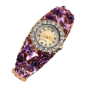 Women's quartz bangle watch with purple flower hollow band and rhinestone crystals