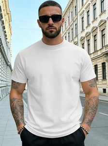 Close-up of white Henley neck T-shirt fabric texture and urban street style design