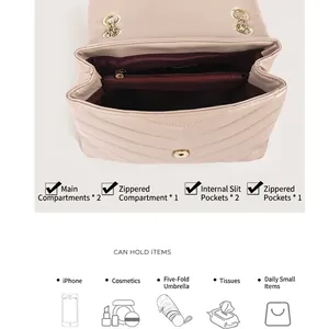 Elegant beige quilted leather shoulder bag with V-shaped stitching and gold chain strap