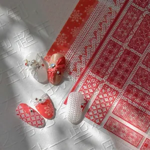 5D embossed knit pattern nail stickers with red and white winter snowflake textures