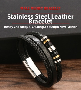 Detailansicht eines mehrlagigen Lederarmbands mit Magnetverschluss aus Edelstahl