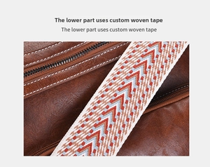 Detail of vintage brown leather backpack featuring a colorful geometric woven strap design