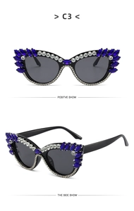 Front and side view of cat eye sunglasses with rhinestones and blue crystal accents