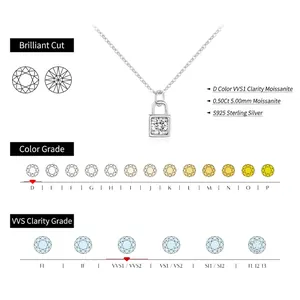 S925 Sterling Silver 0.5Ct D-Color VVS1 Moissanite Lock Pendant Necklace with Brilliant Cut