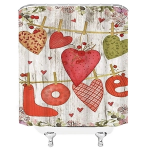 Detail of rustic wooden texture shower curtain with hanging hearts and LOVE lettering