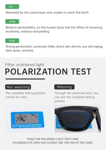 Polarized sports sunglasses with a test card showing UV protection and glare reduction