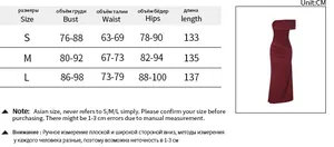 Size chart detail for strapless bow dress showing bust, waist and hips in centimeters