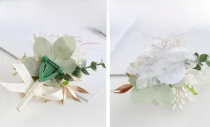 Detail view of the boutonniere pin and elastic lace wristband back for wedding flowers