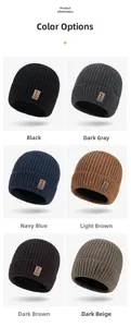 Close-up of ribbed knit beanies in six colors with leather logo patches for winter sports