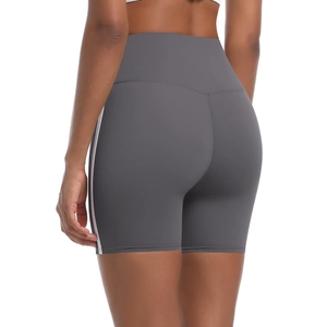 Detail view of charcoal high-waisted fitness shorts with side stripes and push-up effect