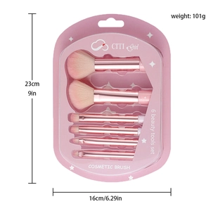 Peach pink 6-piece makeup brush set with dimensions showing 23cm length and 101g weight