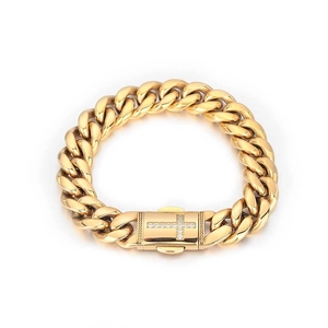 Luxury gold-plated Cuban link chain bracelet for men with a diamond-studded cross clasp