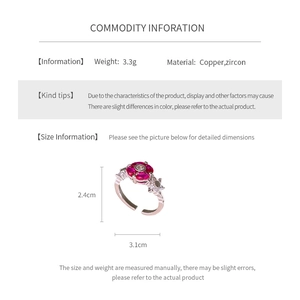 Detailed size chart of red zircon flower open ring showing 2.4cm by 3.1cm dimensions