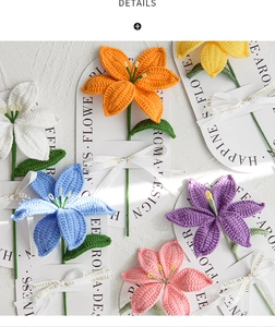 Handmade crochet lily flowers in multiple colors on decorative gift cards with ribbons