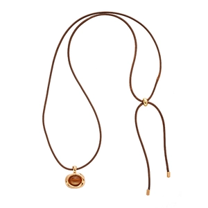Vintage long sweater chain with amber resin oval pendant on adjustable cord necklace