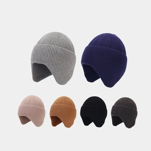 Winter Beanie Hat With Earflaps Core-Spun Yarn Knit Warm Windproof Outdoor Ribbed Fold-Over Cuff For Men And Women