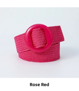 Detail of rose red stretch woven PP straw belt featuring a large round resin buckle