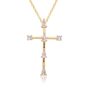 Minimalist gold cross necklace with zircon and pearl accents on white background