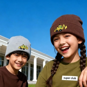 Kids Knitted Beanie Hat Acrylic Warm Winter Excavator Embroidery Cuffed Cap For Toddler Boys Girls