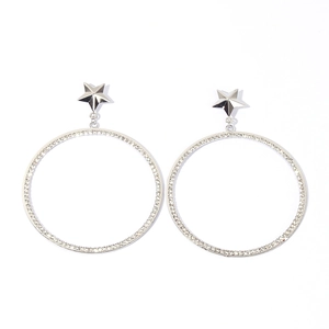 Exaggerated silver star stud earrings with large crystal-encrusted circular hoops for women