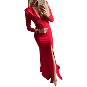 Elegant red long sleeve evening gown with a deep V-neck and high slit slim fit design