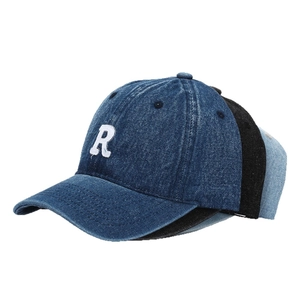 Three-color set of washed denim baseball caps with embroidered R logo in a 45-degree view