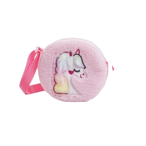 Pink plush unicorn crossbody bag for girls with colorful rainbow mane on white background