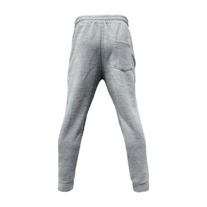Detail of grey men's twill joggers showing elastic waistband and back pocket texture
