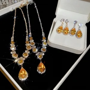 Vintage Royal Court Yellow Zirconia Water Drop Pendant Necklace And Stud Earrings Copper Jewelry Set For Women Banquet