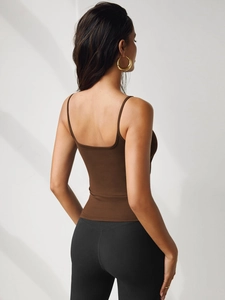 Detailed back view of a slim-fit brown knit camisole with thin shoulder straps