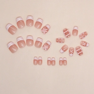 Pink French press-on nails set with 3D bows and pearls for women, 24 pieces set