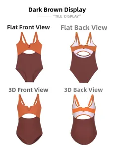 Detail view of one-piece swimsuit featuring contrast orange and brown panels with cutout