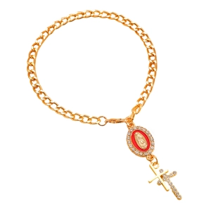Bracelet chaîne dorée avec camée Vierge Marie et pendentif croix scintillante