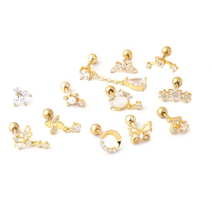 16G Gold-plated stainless steel stud earrings set featuring zircon flowers and butterflies