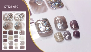 Detail view of mauve and gold glitter toenail stickers QYJ21-039 with application demo
