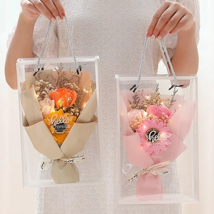 Soap Flower Bouquet With LED Lights Artificial Rose Sunflower Dried Gypsophila In Transparent Gift Bag For Mothers Day