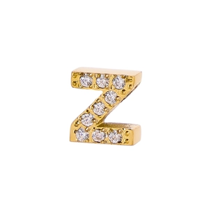 Close-up of golden stainless steel letter Z pendant featuring micro-pave clear zircons
