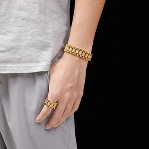 Men's 18K gold plated watchband style ring and bracelet set with sparkling zircon inlays