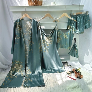Ensemble pyjama 5 pièces en soie vert foncé avec imprimé floral et robe de chambre