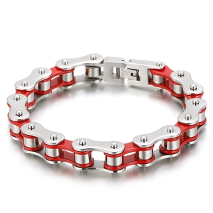 Punk style stainless steel bicycle chain bracelet in silver and red finish for men