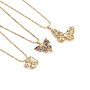 Three gold butterfly pendant necklaces featuring colorful and white zirconia stones