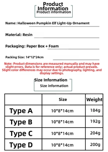 Size chart for Halloween gnome pumpkin ornaments with resin material and weight specs