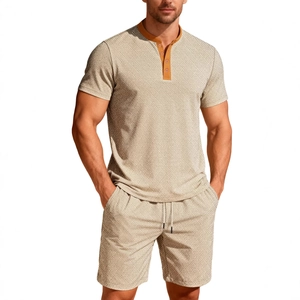 Men's summer casual waffle knit set with buttoned short sleeve and shorts in beige