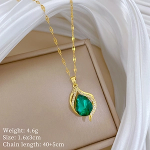Detailed view of water drop pendant with green gemstone, weight 4.6g and size 1.6x3cm