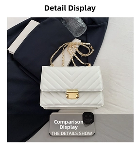 Detailed view of white quilted chain bag showing size comparison with a smartphone