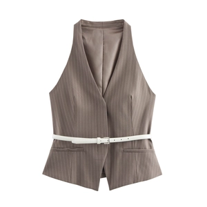 Women Halter Neck Vest Top Striped V Neck Belted Single Breasted Waistcoat Intellectual Style Sleeveless Slim Fit Polyester